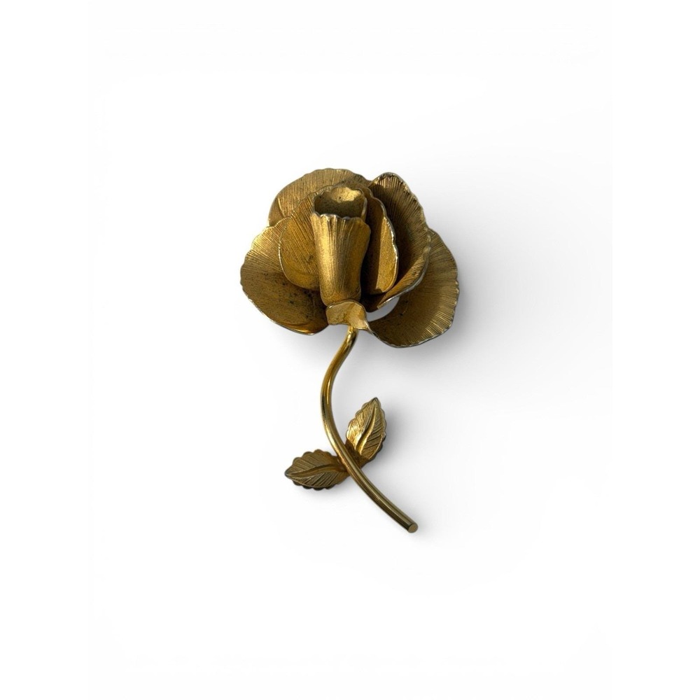 Vintage Signed Giovanni Gold Tone Stemmed Rose‎ Flower Pin Brooch